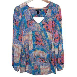 Aqua Sheer Patchwork Print Hi Low Sheer Long Sleeve Blouse Medium